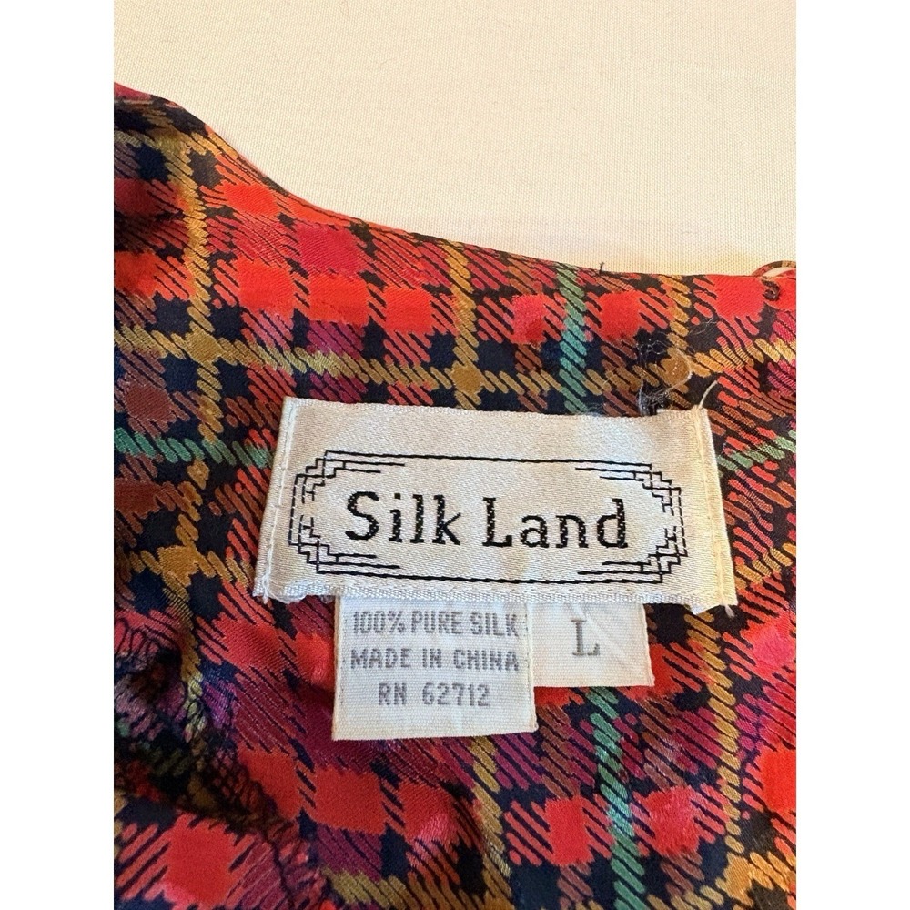 Silk Land Plaid Blouse Women Large Red 100% Pure Silk Long Sleeve Vintage Top - Picture 3 of 8